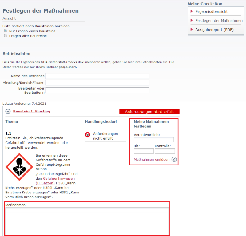 Screenshot Maßnahmen einfügen